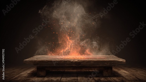 Rustic Wooden Table with Ethereal Fire and Smoke Display on Dark Background