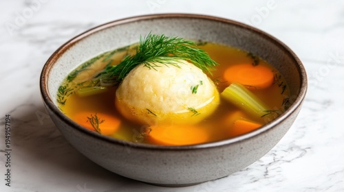 Warm Bowl of Matzo Ball Soup with Carrots and Dill