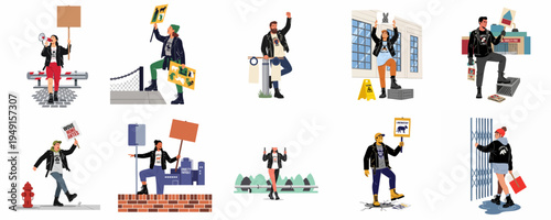 Set of illustrations depicting animal rights activists and protesters advocating for cruelty-free practices and animal welfare in various urban and industrial settings.