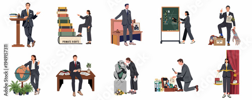 A collection of illustrations depicting professional lawyers and legal experts advocating for animal and primate rights in various courtroom and office settings.
