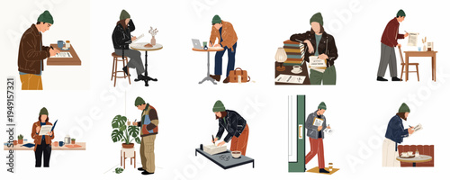 Set of flat vector illustrations depicting young professionals and freelancers writing, signing contracts, and working in various modern urban environments like cafes and offices.