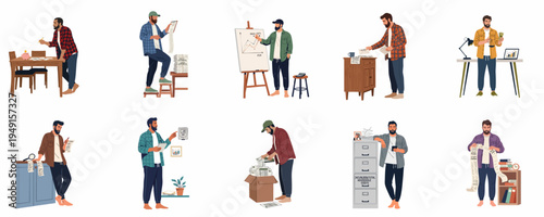 A set of illustrations depicting men managing household finances, paying bills, budgeting, and dealing with rising costs of living in various home scenarios.
