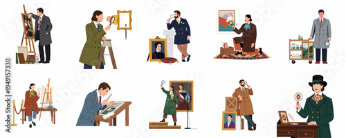 Professional Art Appraisers and Restorers Examining Valuable Paintings and Antique Artwork in Various Gallery and Studio Settings