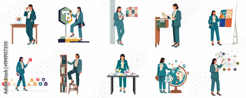Flat illustration set of a professional businesswoman in a teal suit performing tasks related to intellectual property law, branding, global strategy, and corporate management.