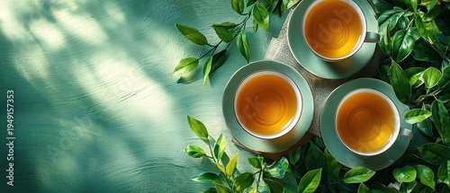 Serene Green Tea Ritual: Three Cups of Amber Brew Amidst Lush Foliage and Sunlit Texture