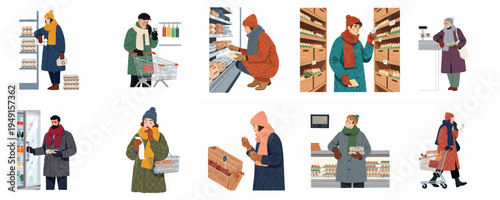 Set of diverse people in winter clothes shopping for groceries and eggs in a supermarket, isolated on a white background.