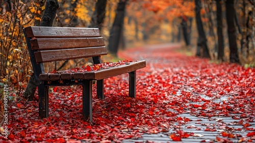 Autumnal Serenity: Park Bench Amidst a Crimson Leaf Carpet