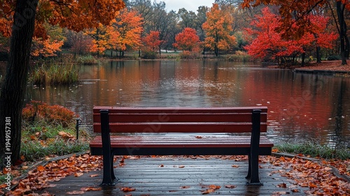 Autumn Serenity: Bench Overlooking Reflective Pond Amidst Vibrant Fall Foliage