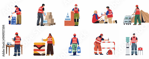 Emergency Response Workers Providing Humanitarian Aid and Clean Water Distribution to People in Need During Disaster Relief Operations