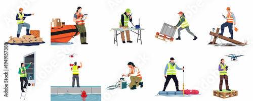 Collection of Emergency Response and Logistics Worker Illustrations Performing Disaster Relief Operations and Field Tasks in Safety Gear.