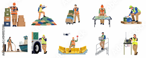 Flat illustration set of disaster relief and logistics workers performing various humanitarian aid and emergency response tasks in high-visibility safety gear.