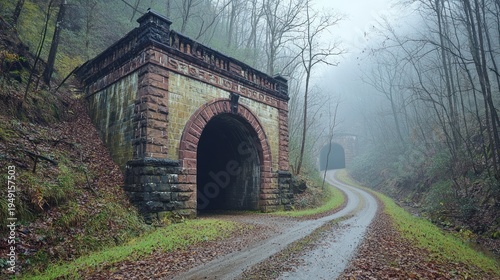 Atmospheric Stone Tunnel Entrance in Misty Forest, Winding Road, Autumnal Scene.