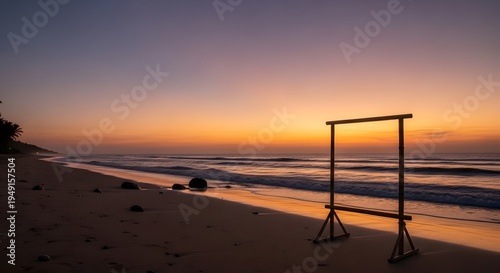 Wooden frame on a tropical beach at sunset