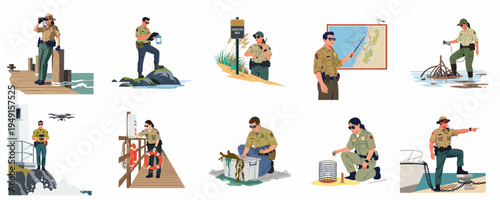 Set of flat vector illustrations featuring coastal park rangers and wildlife officers performing diverse duties for environmental protection and marine conservation.