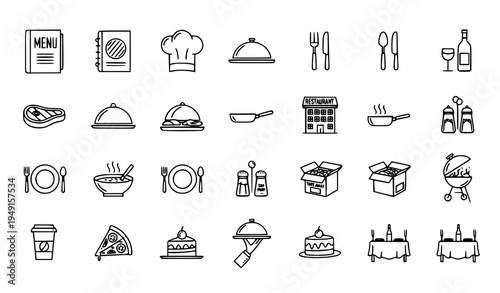 Restaurant line icons set with menu chef food serving wine steak and cutlery vector symbols