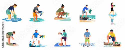 Collection of flat vector illustrations depicting volunteers and environmentalists releasing sea turtles into the ocean to promote marine wildlife conservation.