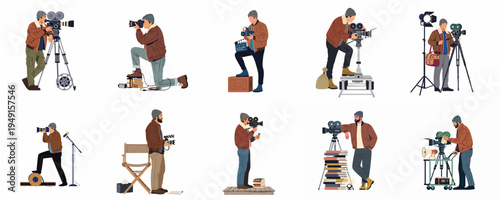 Flat illustrations of a male filmmaker and photographer in various poses with professional movie cameras, tripods, and film production equipment on white background.