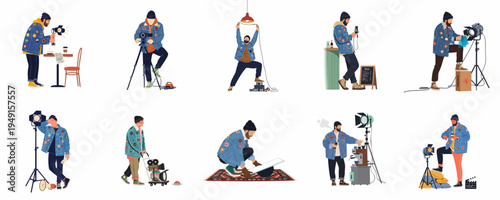 Illustration Set of a Professional Film Crew Member or Photographer Performing Various Production Tasks on a Movie Set