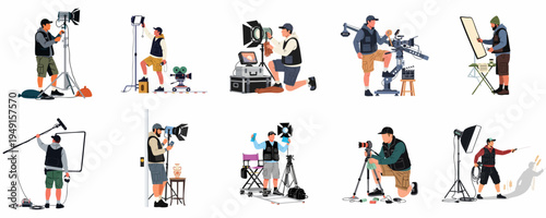 Flat illustration collection of film crew members and production staff working with professional cameras, lighting equipment, and sound gear on a white background.