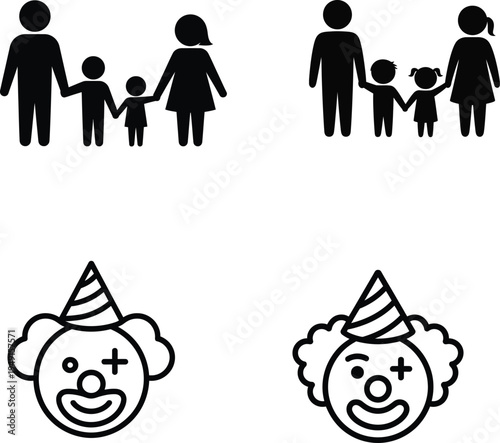 Family icons with clowns in festive celebration Vector

