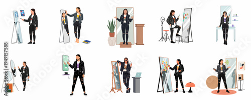 Set of Flat Vector Illustrations Featuring a Modern Creative Woman in Various Professional and Lifestyle Poses with Mirrors and Digital Technology