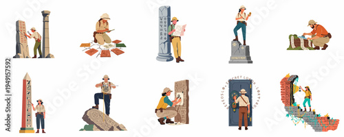 Set of flat illustrations featuring archaeologists and explorers researching ancient ruins, artifacts, hieroglyphs, and mysterious temples for historical discoveries.