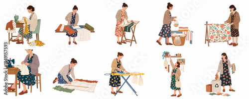 Sustainable fashion and sewing activities collection featuring women creating, repairing, and recycling garments in a flat illustration style.