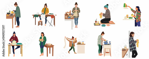Flat vector illustration set of young women in flannel shirts performing daily household chores and hobbies like cooking, ironing, and crafting at home.