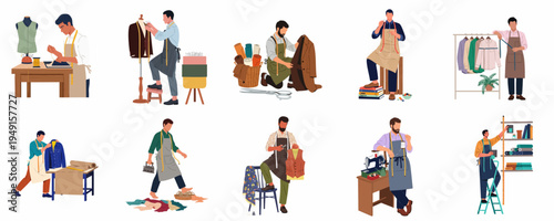 Collection of flat illustrations showing professional male tailors working on various garments and tasks in a fashion atelier setting.