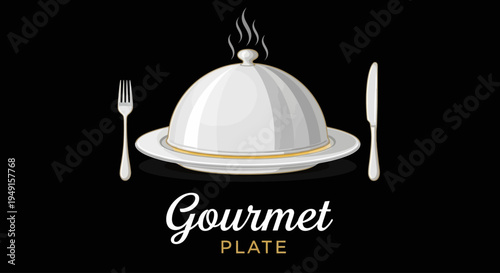 Elegant gourmet plate with cloche, fork, and knife on a black background.