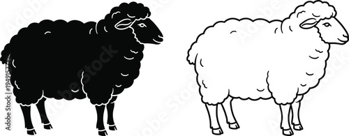 Black and white vector illustration of sheep icons featuring a solid black silhouette and a detailed line art drawing,