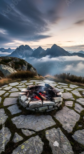 Campfire burning on a stone patio overlooking majestic mountain peaks at sunset