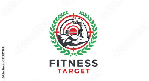 Fitness target logo with muscular arm and laurel wreath
