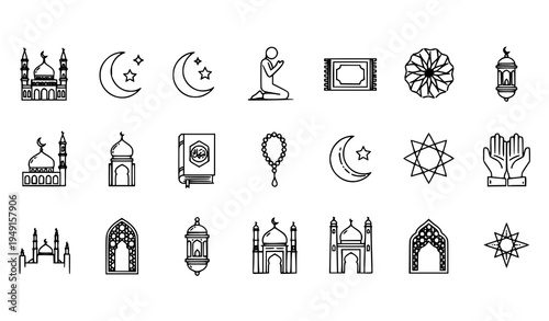 Arabic architecture and islamic religion outline icons collection with mosque prayer symbols vector set