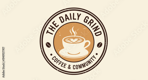 Coffee cup with latte art heart and steam, coffee and community logo