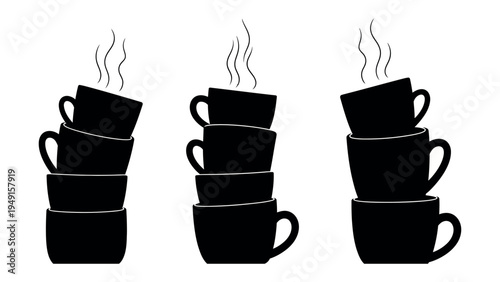 Steaming Cups: A stark silhouette of three stacks of coffee cups, each releasing wisps of fragrant steam, symbolizing warmth and comfort.