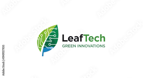 Green technology logo design with leaf and circuit board elements for sustainable innovation