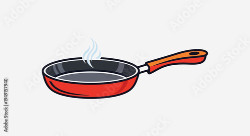 A red frying pan with steam rising from it.