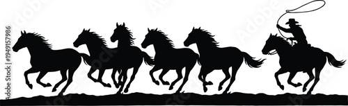 Silhouette of Five Running Horses and Cowboy with Lasso Galloping Across Western Landscape at Sunset, Wild Mustang Herd Western Ranch Rodeo Concept Art