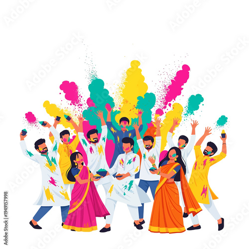 Holi Festival Celebration Vector Illustration People Dancing with Colorful Powder Joyful Indian Culture Festive Event Happy Group of Friends