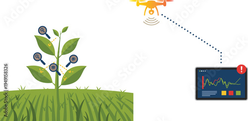 Agricultural drone plant monitoring vector illustration with smart farming data analytics dashboard and precision agriculture technology concept