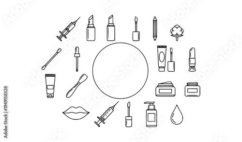 Lip augmentation and beauty care outline icons pack with cosmetic syringe and makeup tools vector