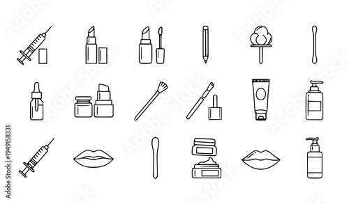 Cosmetic lip care and filler treatment outline icon collection with beauty tools vector set