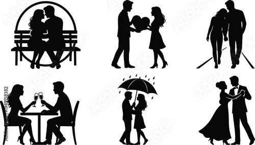 Romantic couple silhouette set, dating kissing dancing walking love relationship black vector isolated illustration collection