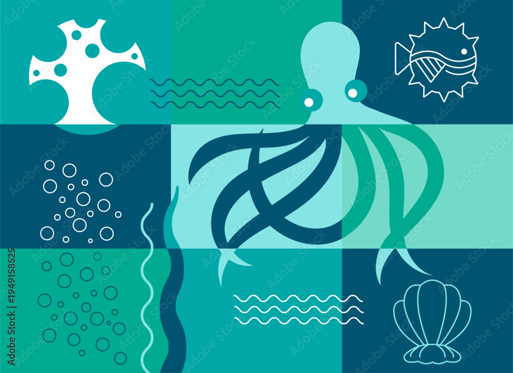 Fototapeta premium Geometric Ocean Collage with Octopus