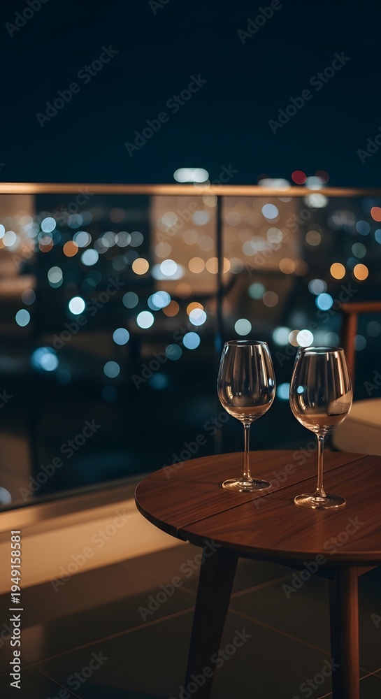 Naklejka premium Two wine glasses on a balcony overlooking a blurred city skyline at night