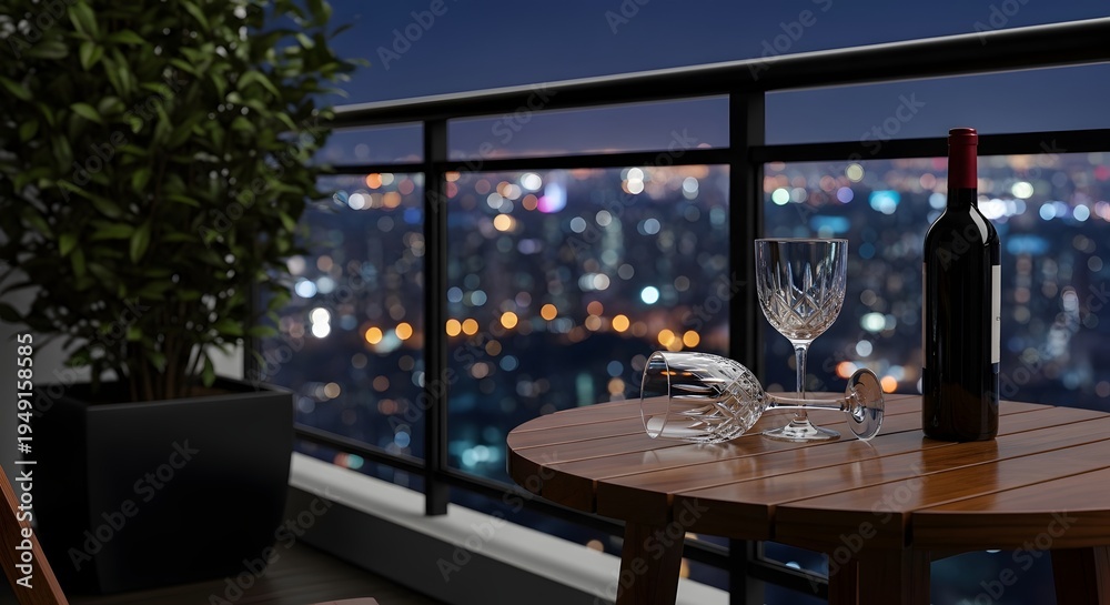 Obraz premium Romantic evening with wine on a balcony overlooking a blurred city skyline at night