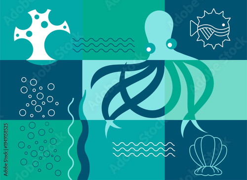 Geometric Ocean Collage with Octopus
