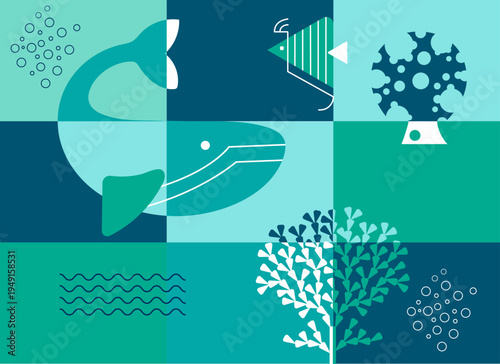 Whale and Marine Elements Geometric Composition