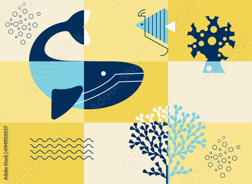 Whale and Marine Elements Geometric Composition